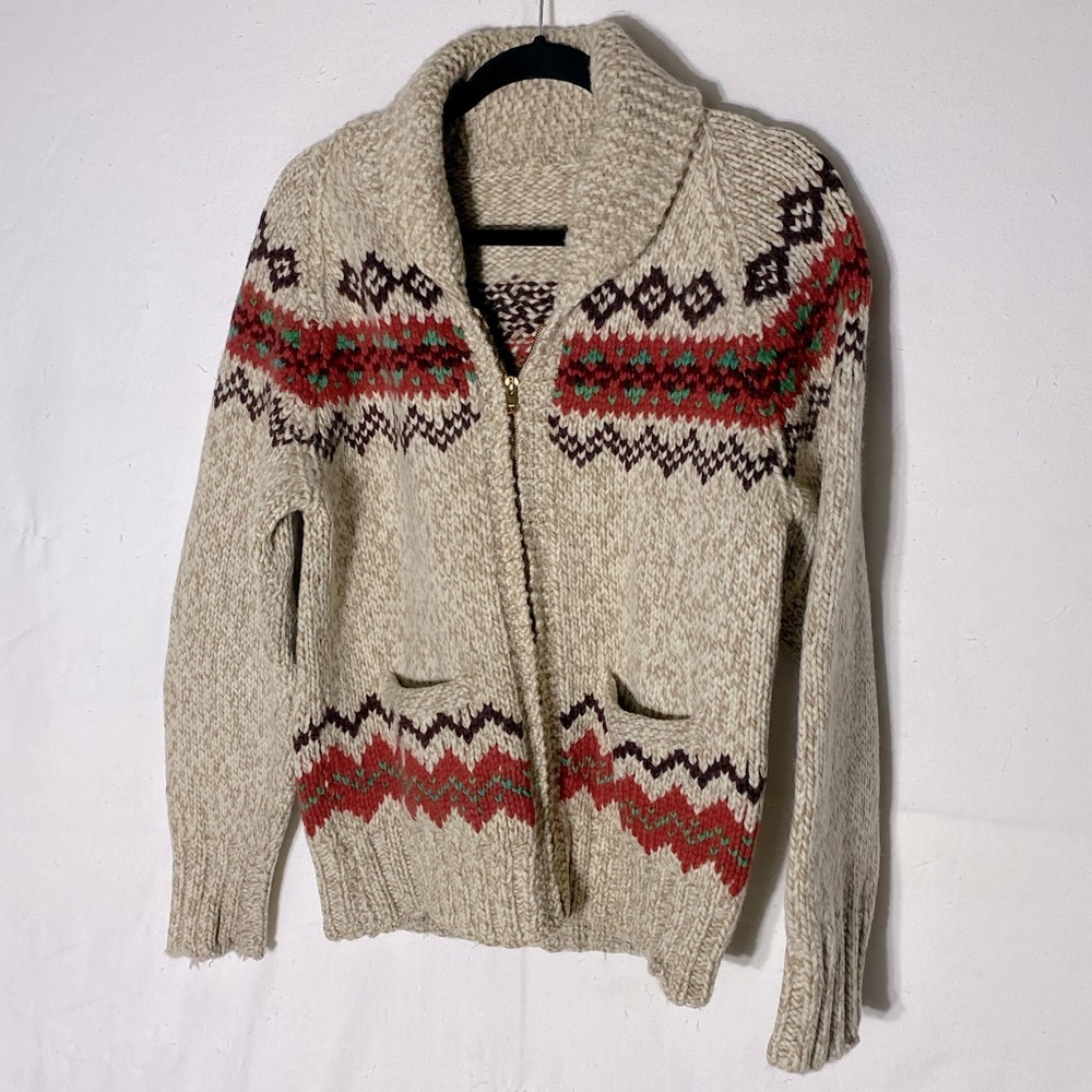 Vintage Hand Knit Fair Isle Shawl Collar Full Zip Cardigan M Cabincore Gorpcore